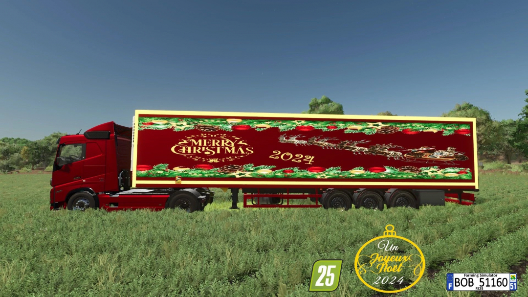 FS25 mod Merry Christmas Happy New Year Semi Trailer v1.0.0.0 featuring festive design in Farming Simulator 25.