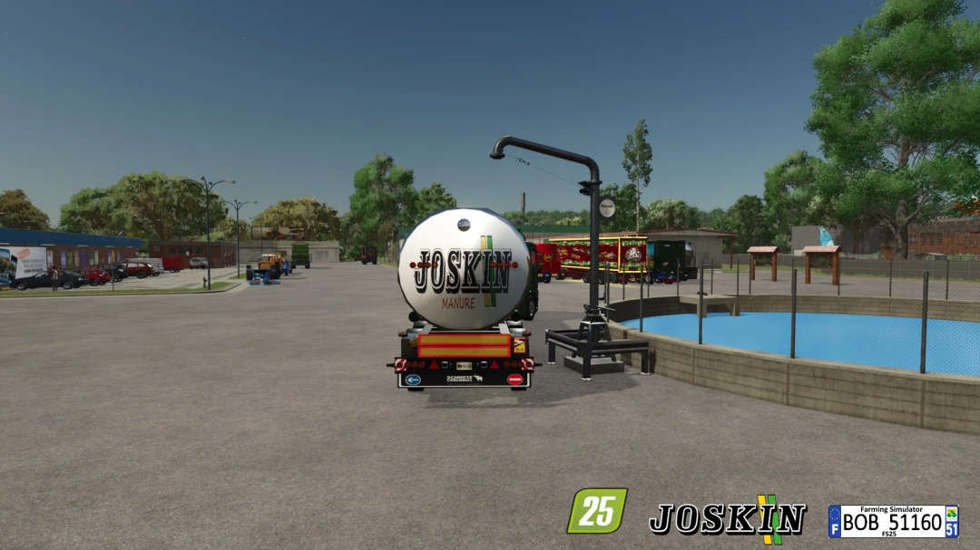 FS25 mod showcasing the Multi-liquid tank v1.0.0.0 near a loading area with a blue pool.