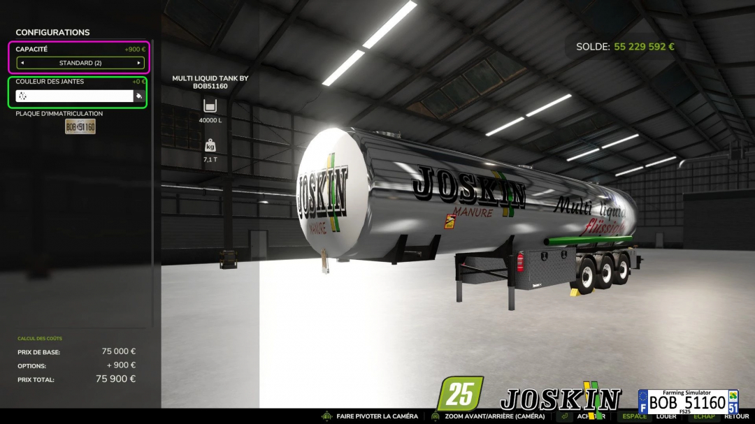 FS25 mod displaying a Joskin multi-liquid tank in a garage, showcasing configuration options and pricing details.