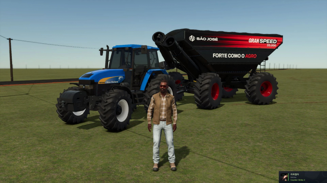 FS25 mod New Holland TM 7040 tractor with São José grain trailer in a field.