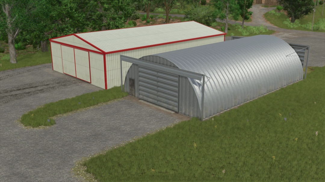 FS25 North American Shed Pack featuring a red and white barn and a curved steel shed in a grassy area.