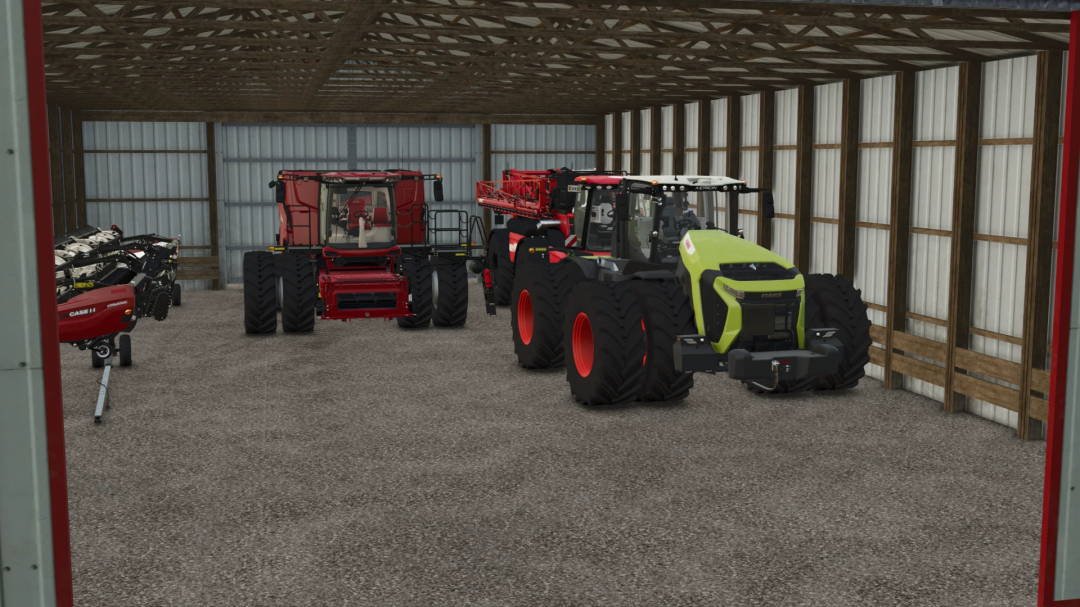 FS25 North American Shed Pack: tractors and equipment stored in a large wooden shed.