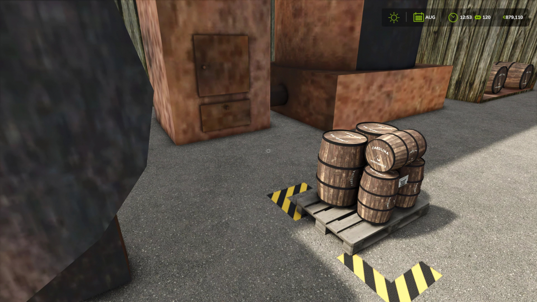 FS25 Old Whisky Production mod with barrels on a wooden pallet in a rustic distillery setting.