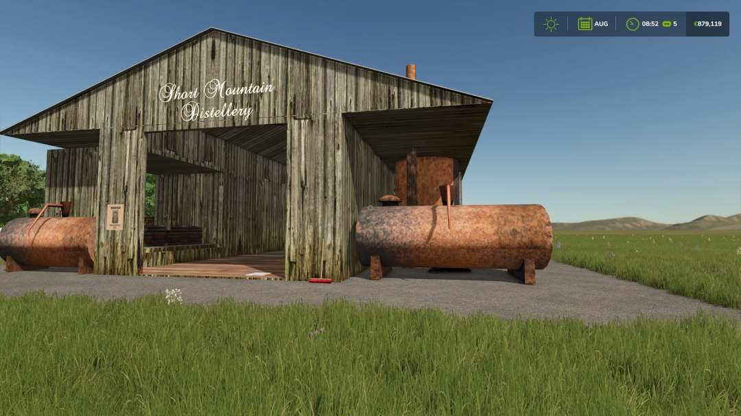 FS25 mod OLD WHISKY PRODUCTION showing a rustic wooden distillery in a grassy field.