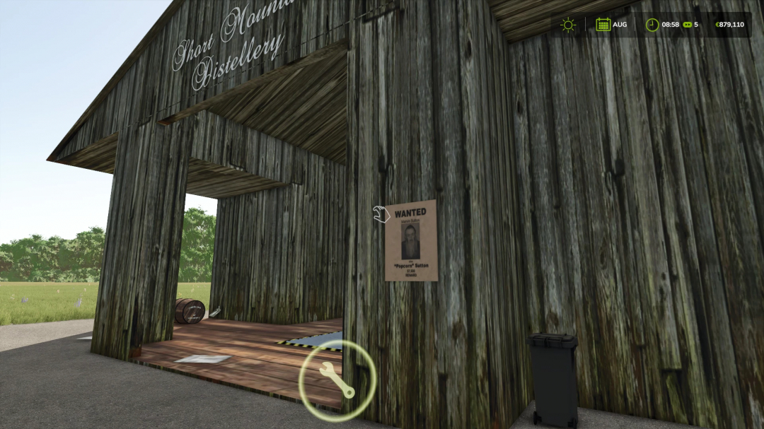 The Short Mountain Distillery in FS25's OLD WHISKY PRODUCTION mod, featuring a wooden structure and a wanted poster.