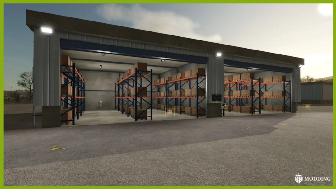 FS25 mod Object Storage v1.0.0.0 featuring a warehouse interior with storage racks filled with crates.