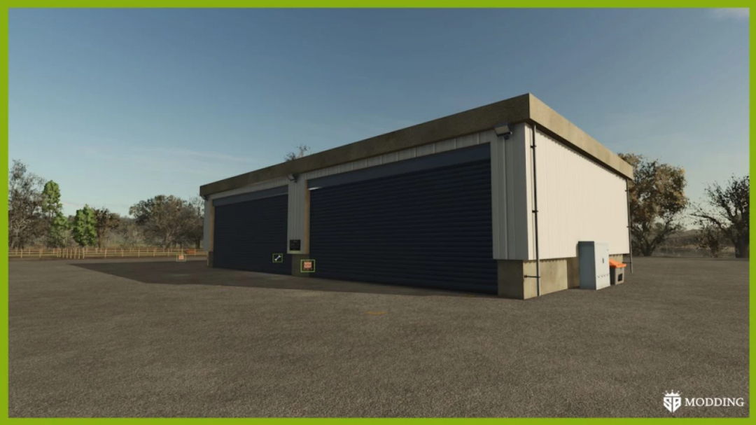 Object Storage v1.0.0.0 mod for FS25, featuring a large storage building with two closed shutters in a farm setting.