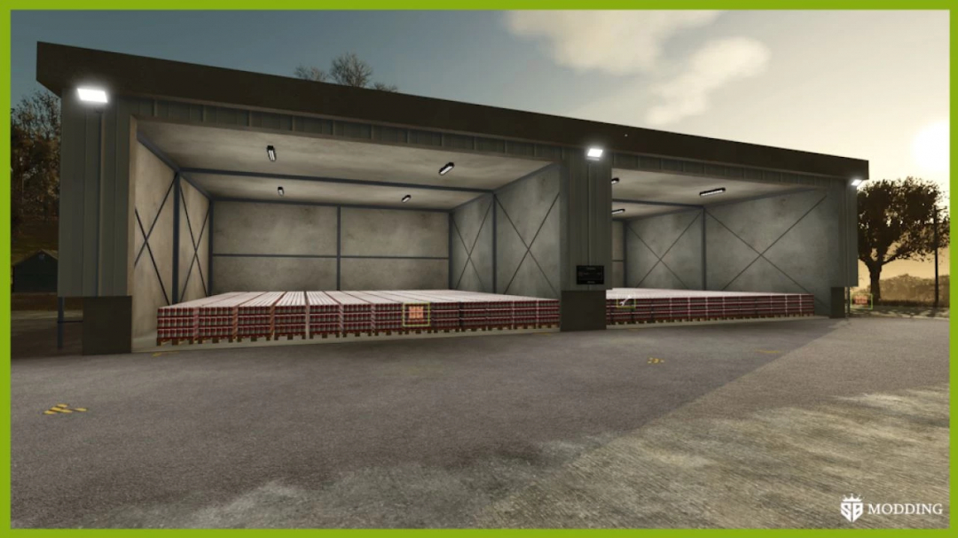 FS25 mod Object Storage v1.0.0.0 features a large warehouse with stacked crates, ideal for efficient farm management in Farming Simulator 25.