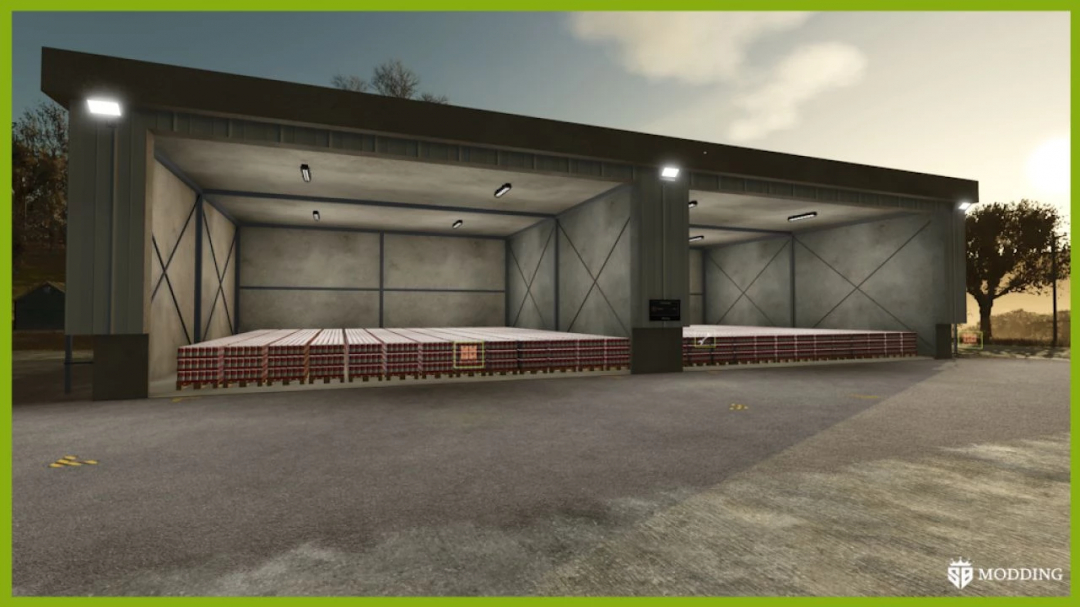 Large storage facility from FS25 Object Storage mod showcasing organized items.