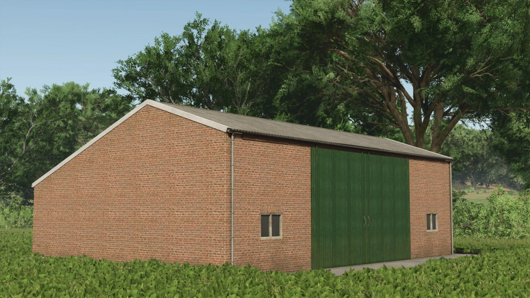 FS25 mod Old Farm Package v1.0.0.0 featuring a brick barn with green doors surrounded by lush greenery.