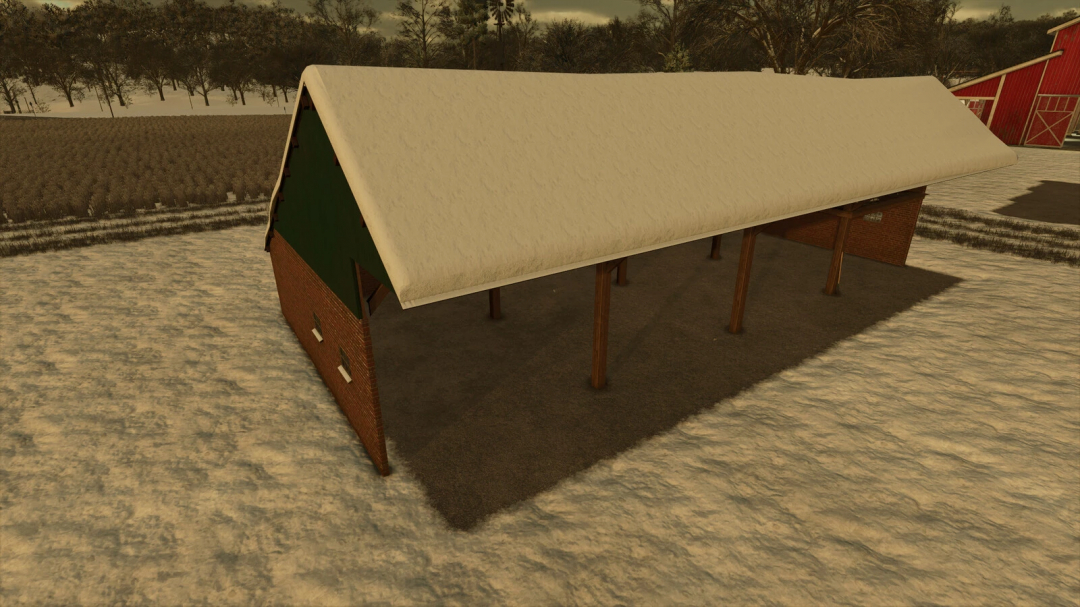 Covered barn from Old Farm Package mod in FS25, featuring snow-covered roof and open sides.