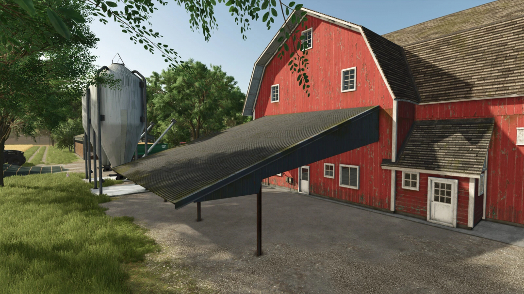 Old Structure Pack mod in FS25 featuring a red barn and silo, showcasing vintage farm buildings in Farming Simulator 25.