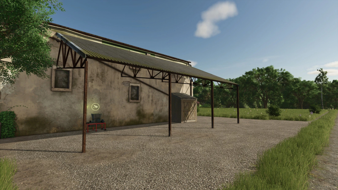 FS25 Old Structure Pack mod showcasing a rustic shed and storage building amidst lush greenery in Farming Simulator 25.