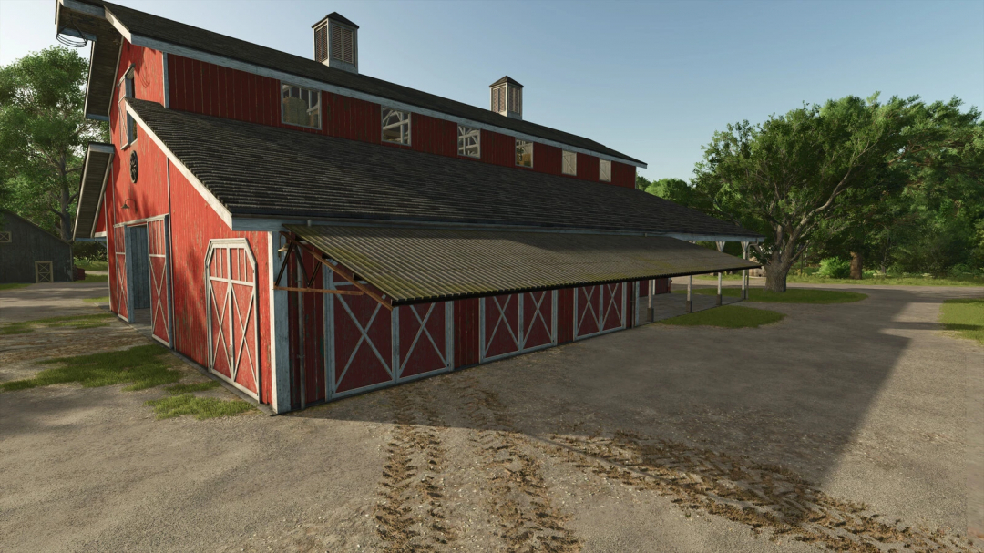 Old red barn in FS25 Old Structure Pack mod, showcasing rustic design and setting for Farming Simulator 25.