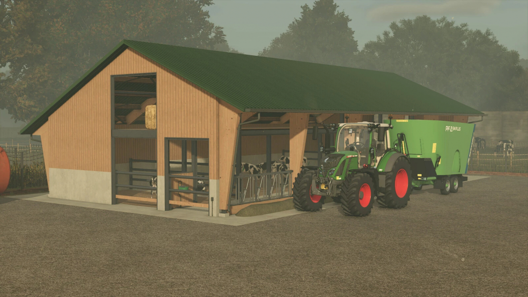 FS25 mod Open Front Cowshed v1.0.0.0 showing a tractor in front with cows inside the barn.