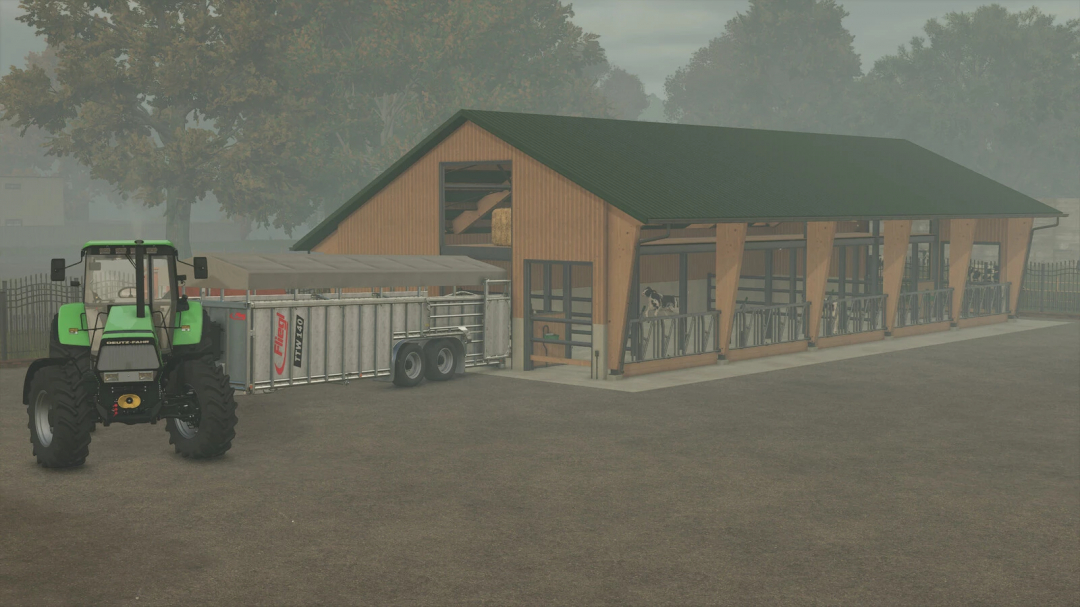 FS25 mod Open Front Cowshed v1.0.0.0 with a tractor and trailer, showcasing a realistic barn design in Farming Simulator 25.