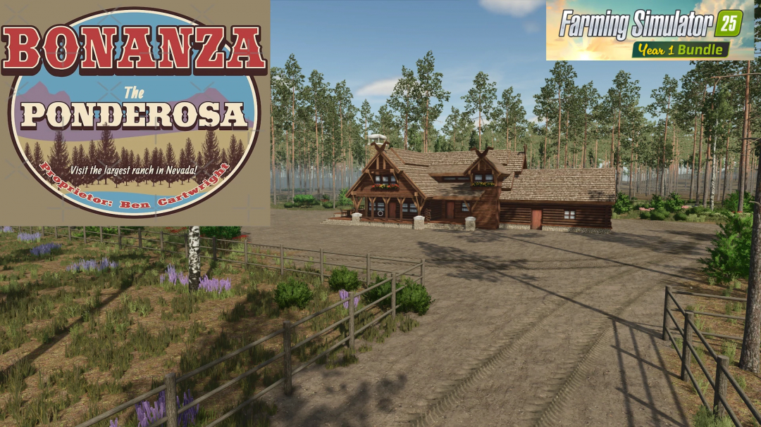 Ponderosa Pine Forest mod for FS25 showcasing a rustic ranch amid tall pine trees in Farming Simulator 25.