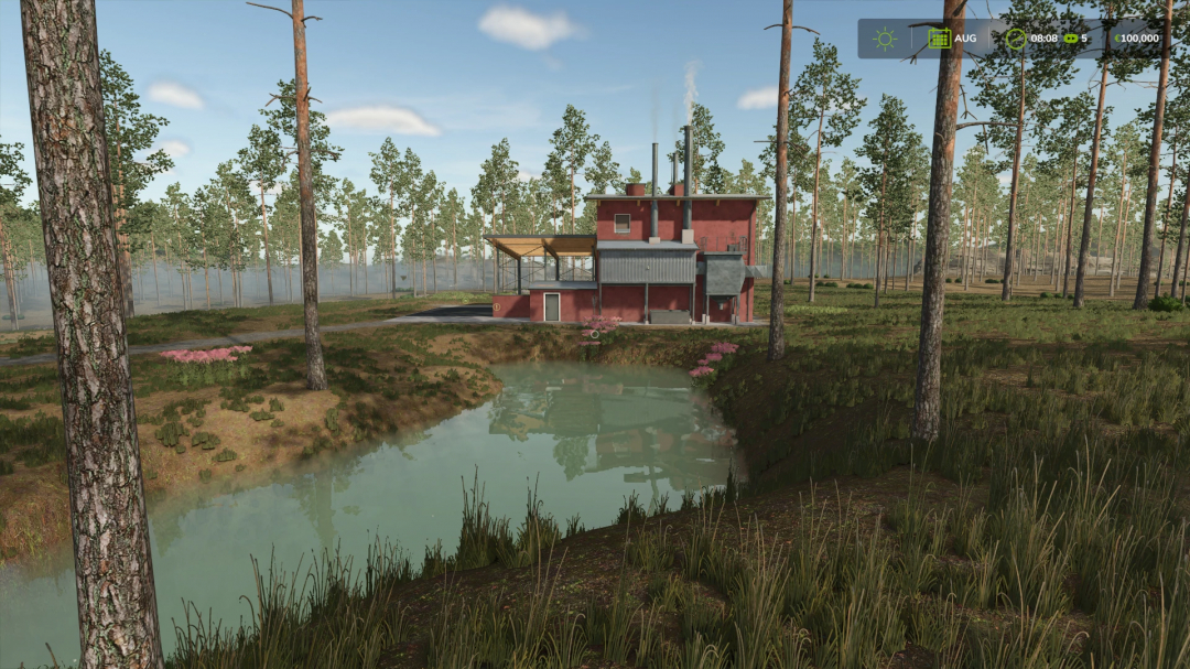 FS25 mod Ponderosa Pine Forest with a red building beside a pond among tall trees.