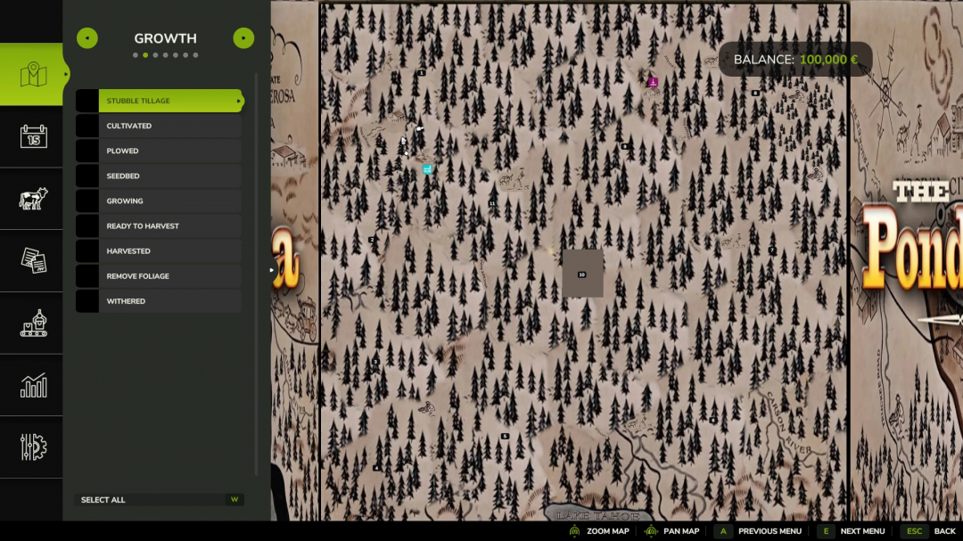 Map view of Ponderosa Pine Forest mod in FS25 showing growth stages and balance menu.