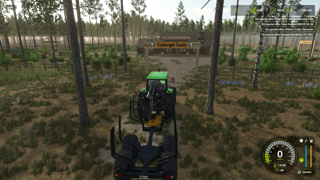 FS25 Ponderosa Pine Forest mod showcasing a tractor in a dense forest near Cartwright Family farm.