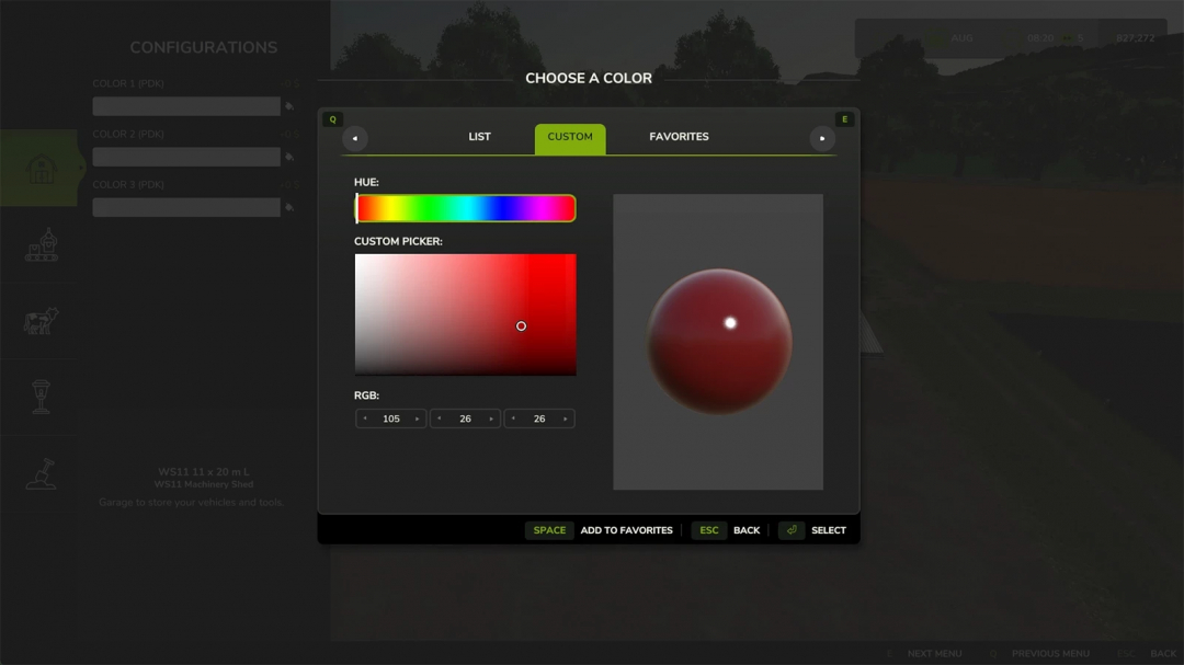 FS25 Placeable Design Kit V1.0.0.2 color customization screen showing a color picker and hue selection.