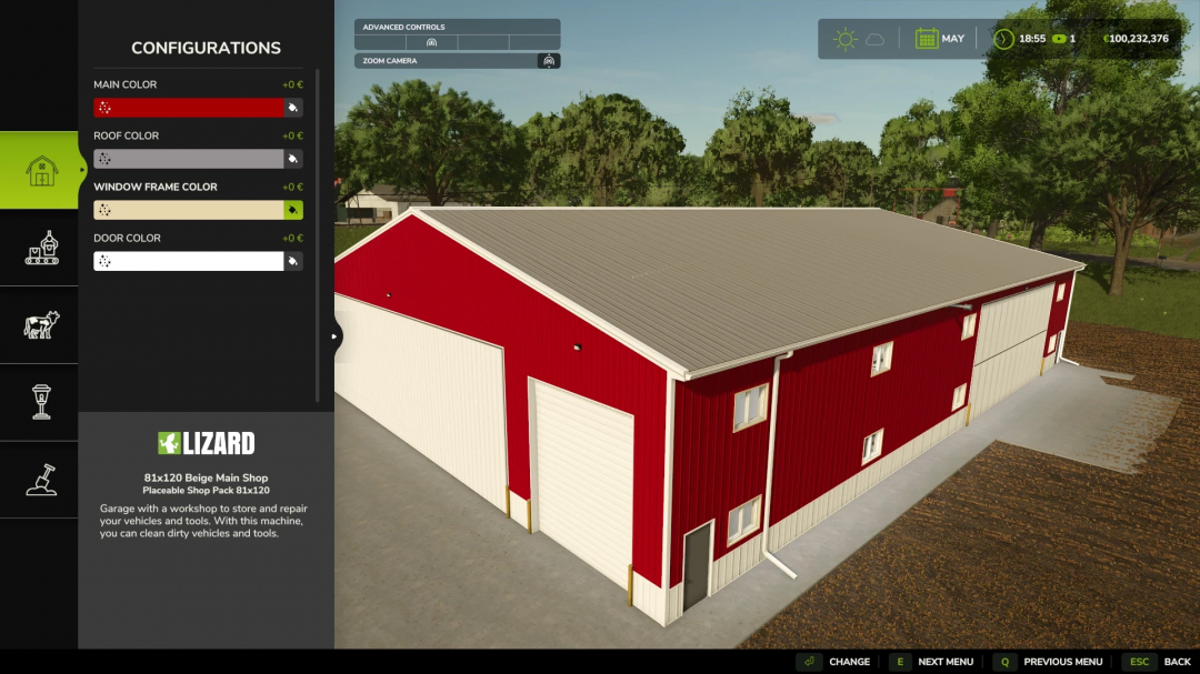 FS25 Placeable Design Kit V1.0.0.2 mod with red garage configuration menu in Farming Simulator 25.