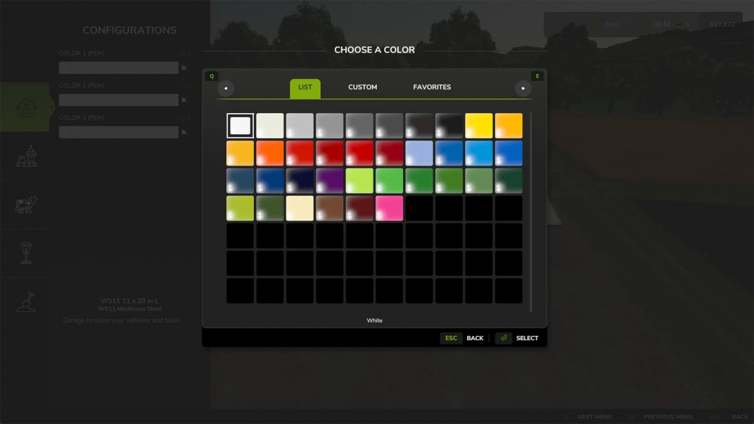 FS25 Placeable Design Kit color selection menu displaying various colors.