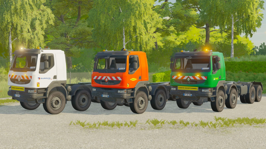 FS22 mods: Renault Kerax Ampiroll v1.0.0.0 with white, orange, and green truck configurations in Farming Simulator 22.