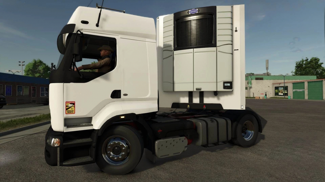 Renault Premium v1.0.0.0 mod in FS25, showcasing a white truck with a driver, parking area in the background.