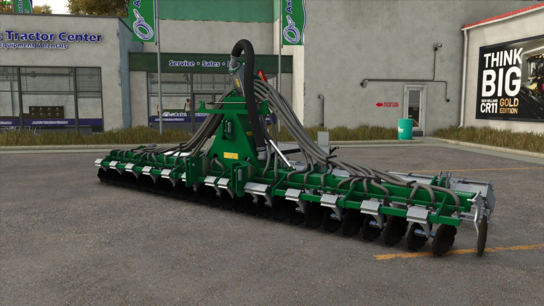 FS25 mod Samson CM 7.5 Disc in front of a tractor center, showcasing detailed machinery parts.