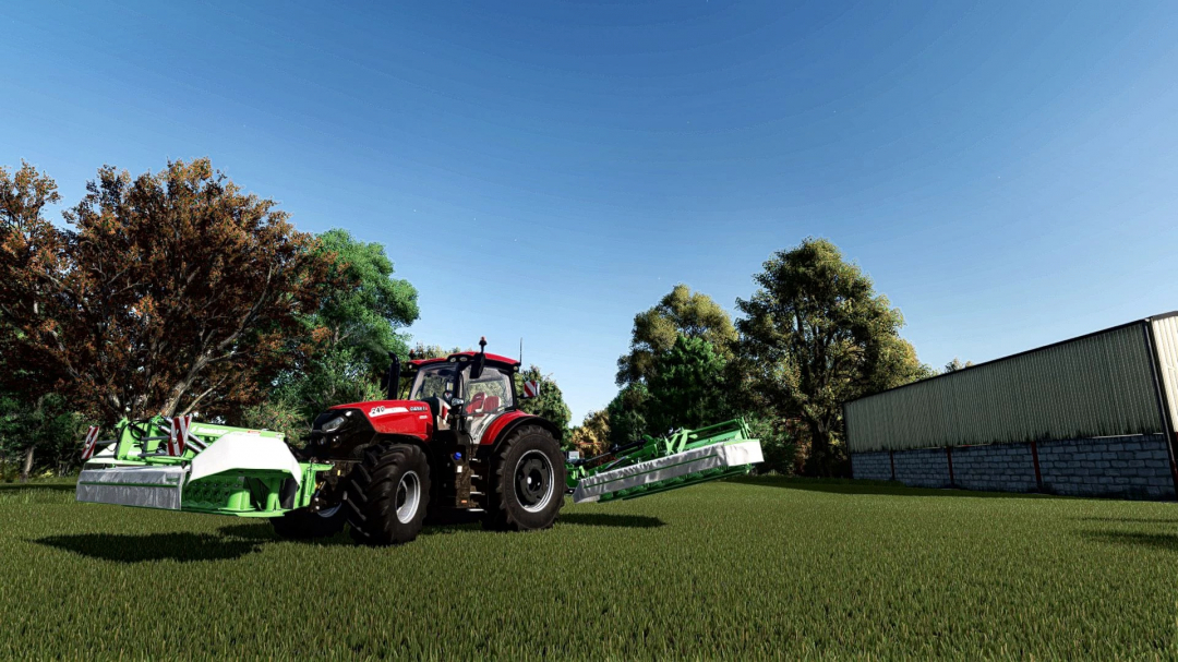 FS25 mod Shader MKSHV1 v1.1.0.1 showing a red tractor with grass cutter on a field.