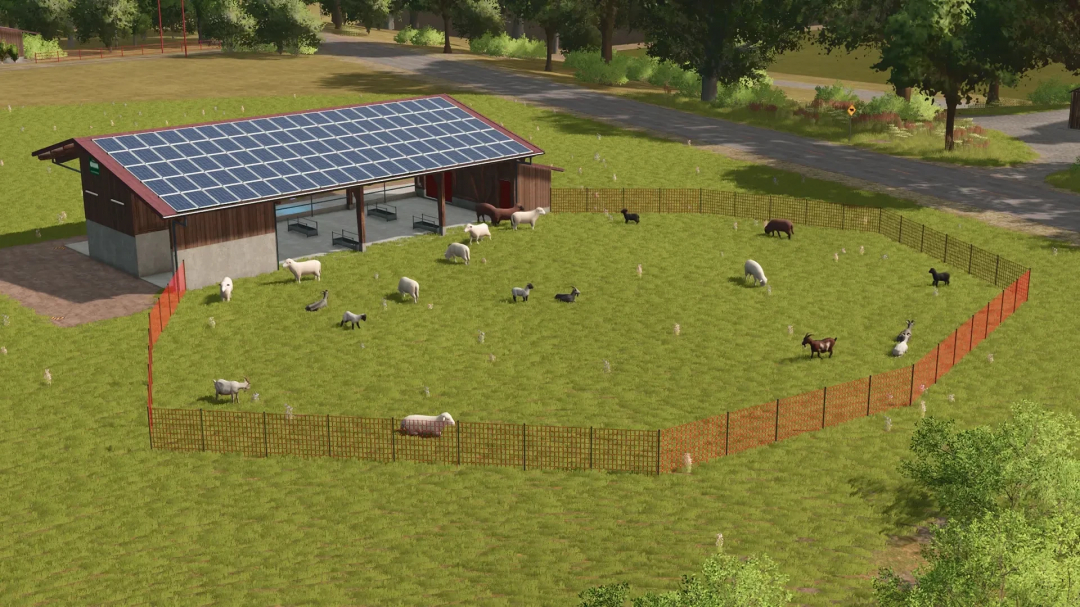 Sheep Barn Big wood mod in FS25 with solar panels and sheep grazing. Farming Simulator 25 mods.