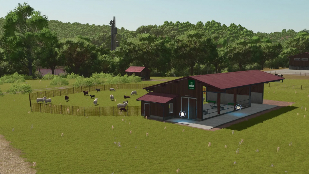 Sheep barn mod in FS25 with fenced pasture and trees