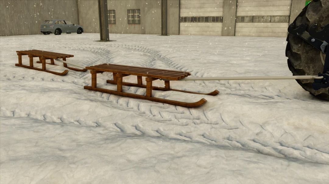 Wooden sledge mod for FS25 in snowy environment, version 1.0.0.0.