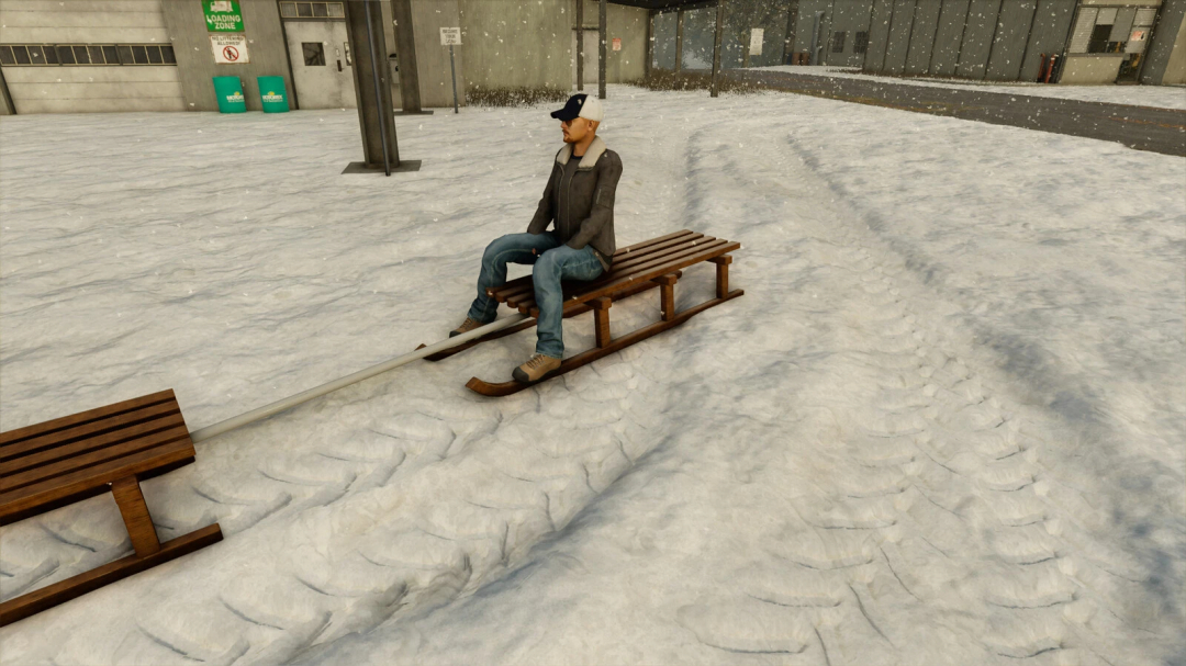 FS25 mod Sledge v1.0.0.0 showing a person seated on a wooden sled in a snowy scene. Ideal for winter farming simulations in Farming Simulator 25.