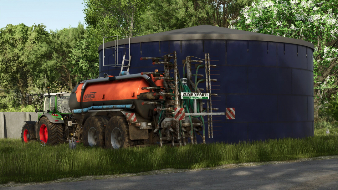 Slurry Storage Pack v1.0.0.0 mod for FS25 featuring a large slurry tank with a tractor and equipment on a grassy field.