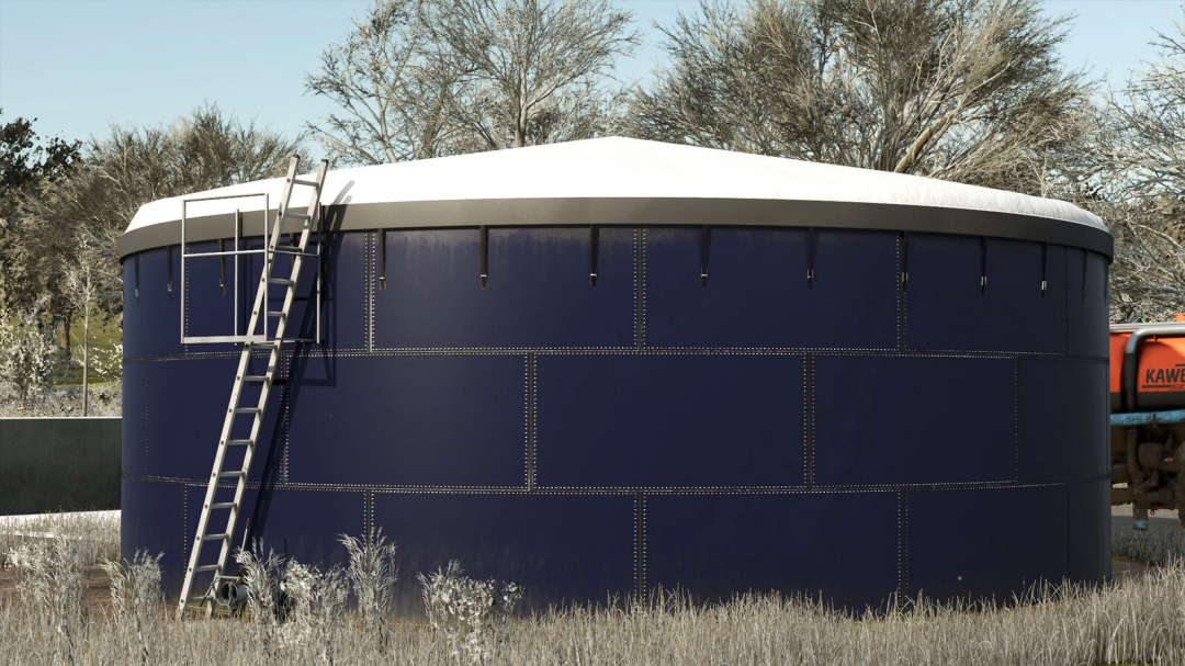 FS25 Slurry Storage Pack mod showing a large circular tank in a snowy field.