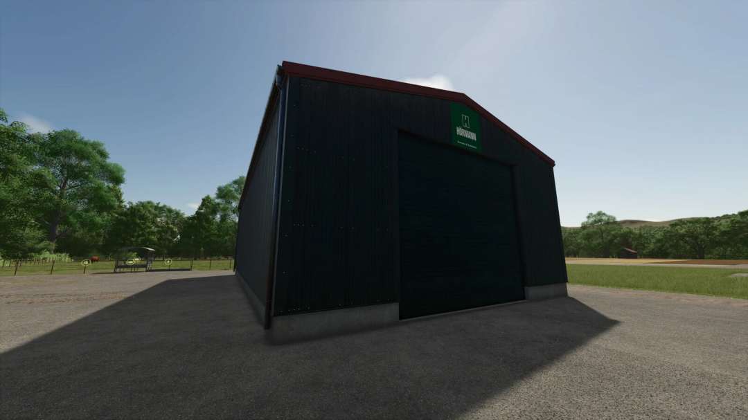 Small Garage mod in Farming Simulator 25, showcasing a dark exterior and rural landscape. Perfect for FS25 mods enthusiasts.