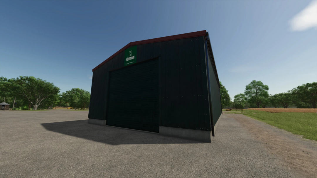 FS25 mod Small Garage v1.0.0.0 shows a green garage building on a farm in Farming Simulator 25.