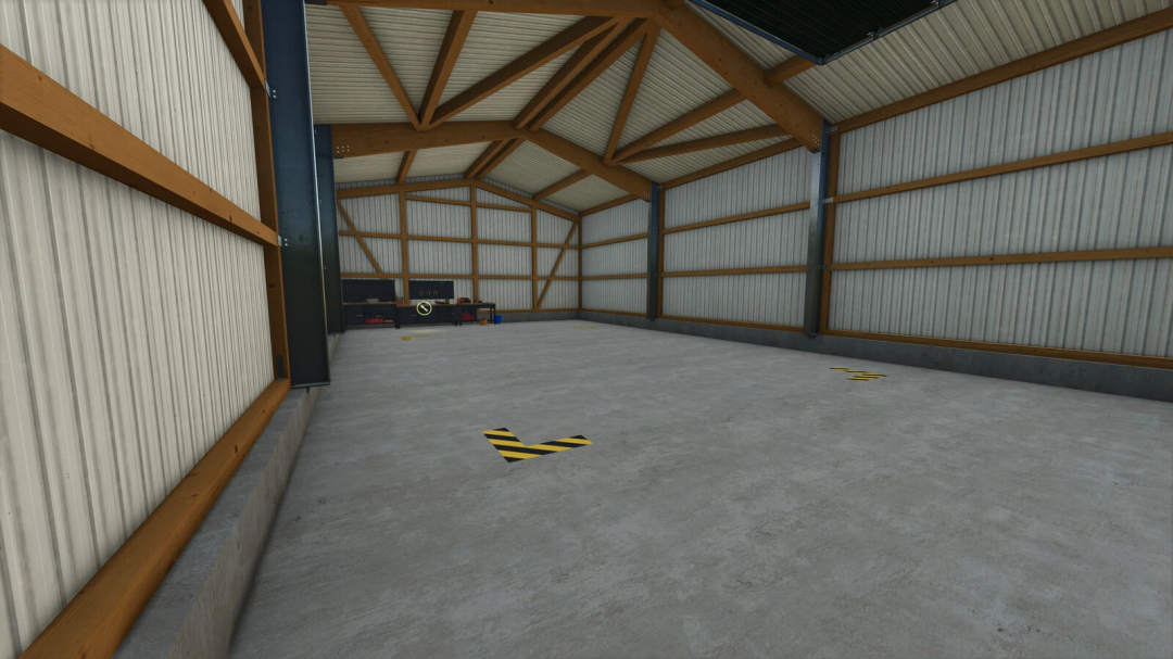 Interior of Small Garage mod in FS25 with wooden supports and a concrete floor.