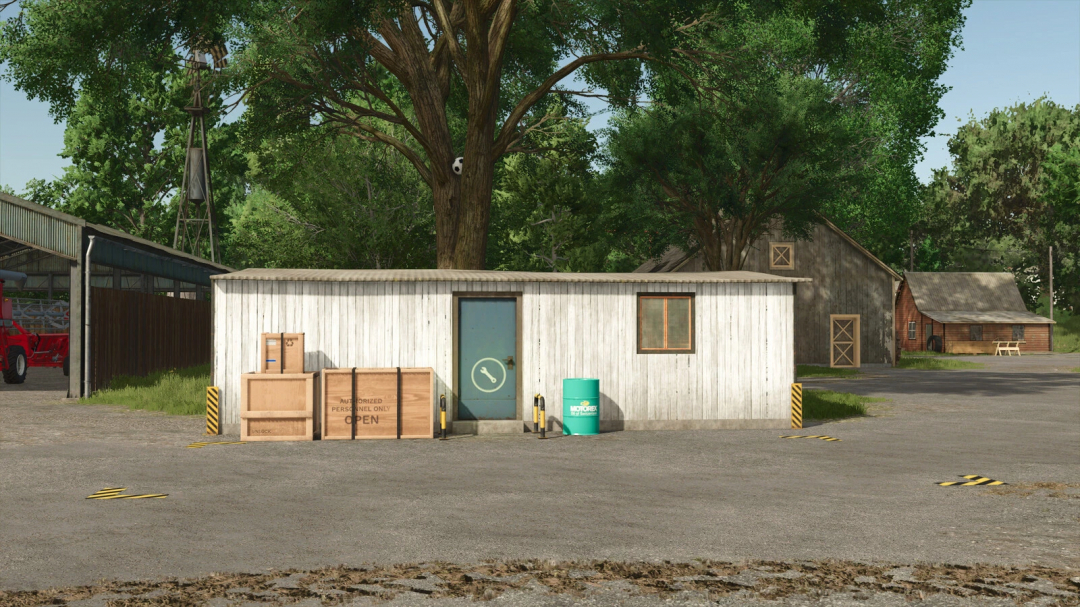 Small Workshop mod for FS25 showing a rustic building surrounded by trees and farm equipment.