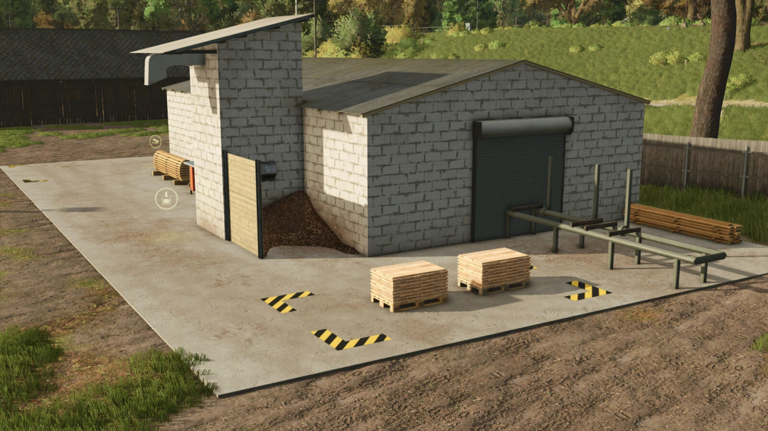 FS25 mods: Small sawmill v1.0.0.0 with wooden pallets and logs, set in a rural landscape.