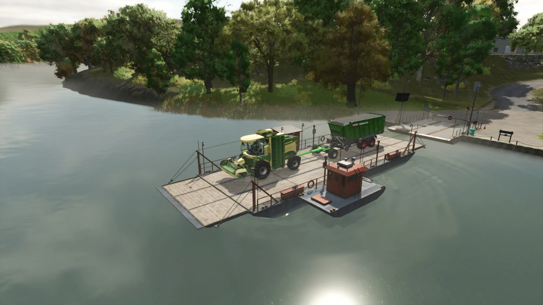 FS25 Snüfelstück mod showing a tractor and trailer on a ferry crossing a river, enhancing farming logistics.