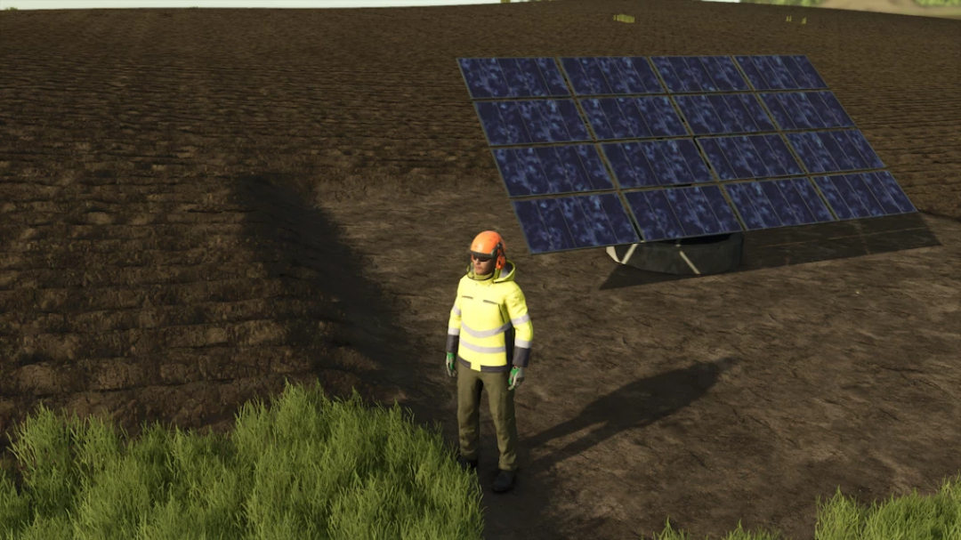 FS25 mod Solar Panel 1.0.0.0 with character in safety gear on farmland.