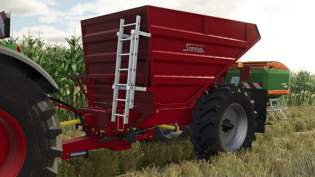 Sopema Fertilizer Trailer v1.0.0.0 mod for FS25 with red design in a cornfield.