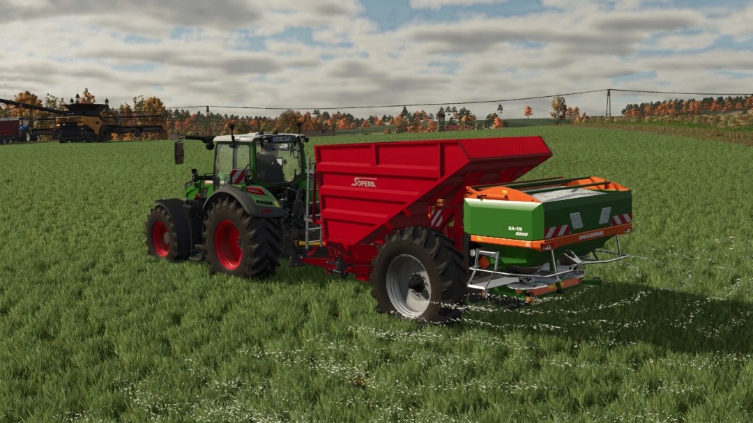 FS25 mod: Sopema Fertilizer Trailer v1.0.0.0 on a green tractor in a lush field, enhancing farming efficiency.