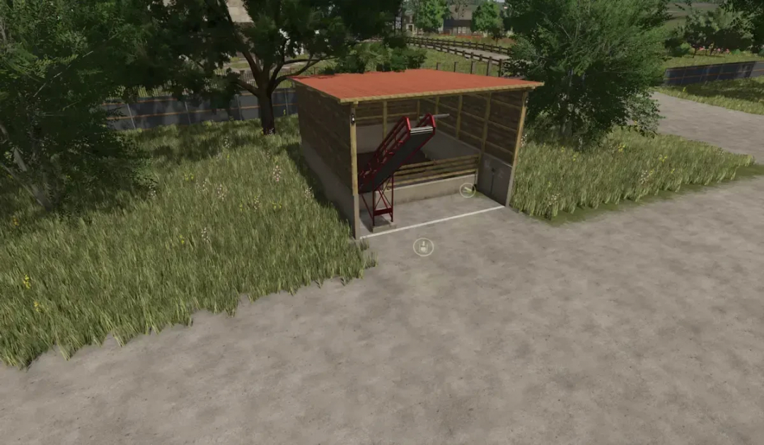 FS25 Storage Pack mod v1.0.0.0 showing a small shed with a red conveyor, surrounded by grass in Farming Simulator 25.