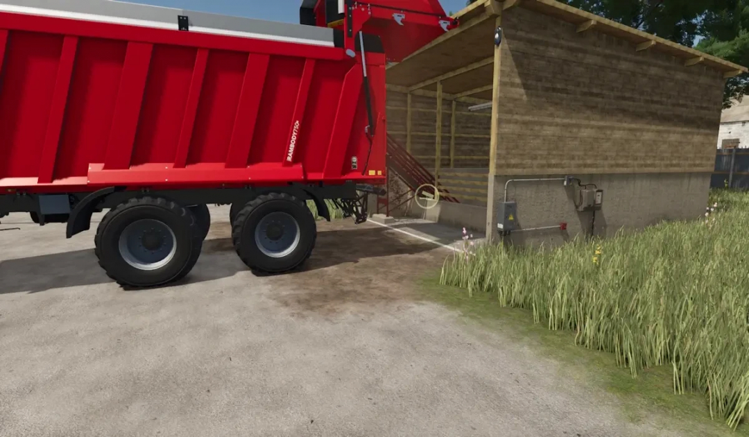 FS25 mods Storage Pack v1.0.0.0 showing a red trailer unloading near a wooden shed.