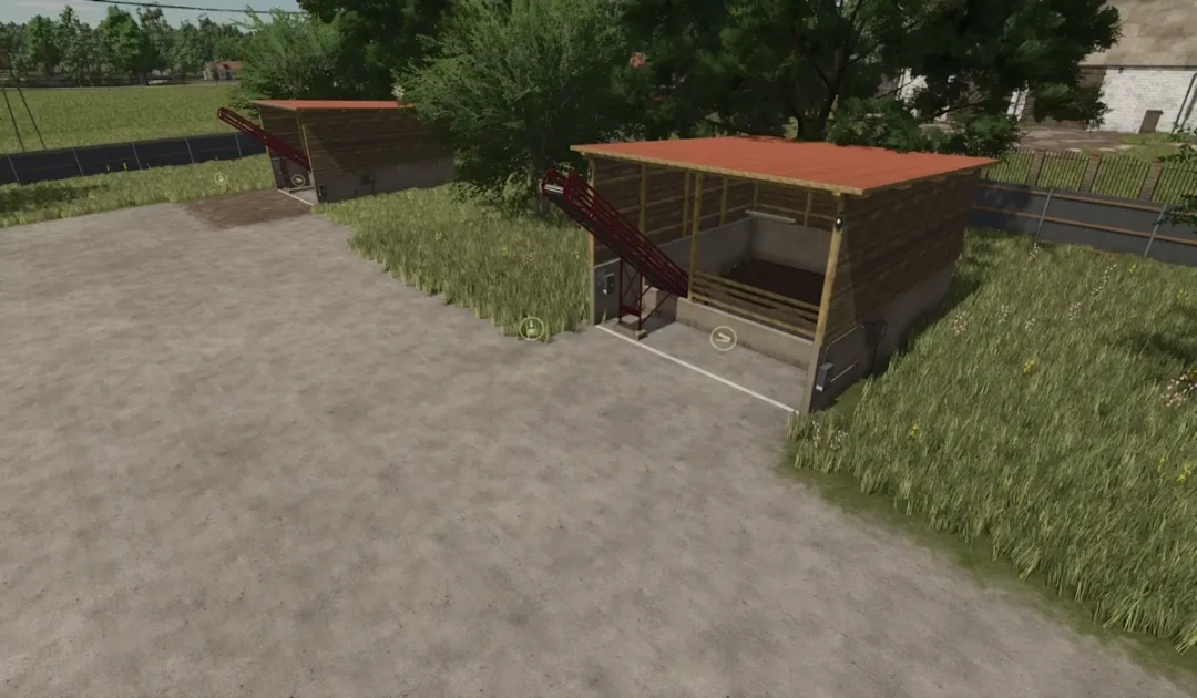 Storage Pack v1.0.0.0 mod for FS25 showing wooden storage sheds with red roofs in a grassy area.