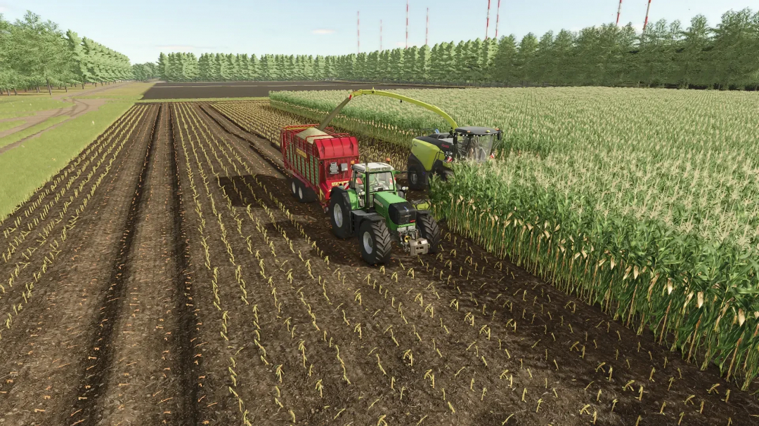 FS25 Strautmann SuperVitesse 3DO v1.0.0.2 mod showing tractor and harvester in cornfield.